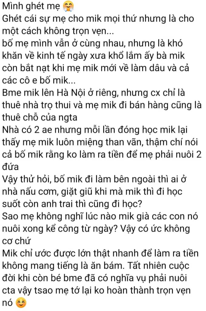 Tâm sự Mình ghét mẹ của một học sinh Hà Nội khiến nhiều phụ huynh đắng lòng: Mẹ sai hay con cái ngày càng ích kỉ, vô ơn? - Ảnh 1.