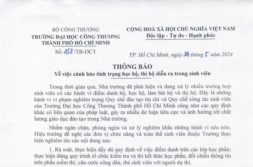 Trường ĐH Công Thương TPHCM cảnh báo tình trạng học hộ, thi hộ - Ảnh 1.