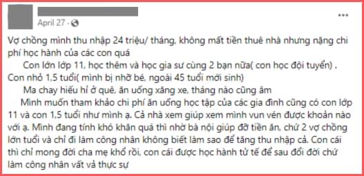 Lên mạng than nghèo nhưng chẳng ai thương: Chi 18 triệu cho con đi học không tiếc, tiếc 3 triệu tiền ăn gửi mẹ chồng - Ảnh 1.